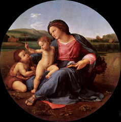 The Alba Madonna Artist: Raphael
Takeaway: Circular tondo is symbol for divine perfection 
New testament biblical theme common for the renaissance with vibrant colors .
 Mary is dressed in contemporary renaissance clothing.
 Baby Jesus holds a scepter of a cross as foretelling of his crucifixion.
Geometric development of the composition as a right triangle.
James the brother of jesus is shown looking at the christ, NOT mary.
