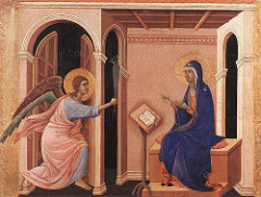The Annunciation of the Death of the Virgin by Duccio, Proto-Renaissance
- implied space w/coffered ceiling, but little actual space w/tilting, awk perspective 
- movement in fabric depicted, modeling used for this
- mary taken as more frail, thin, as she is about to die
