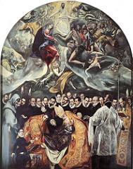 The Burial of Count Orgaz by El Greco, 16th Cen N Ren
- 16 by 12 feet, 300 years after death of Count Orgaz ? 
- buried in painting by Augustine and Steven (saints) miraculaous descent from heaven to bury count
- background filled with black-clad conquistadors, brought spain to new world
- great armada against protestant england/holland
- Black primer : all colors have greysih unndertone
- Top : celestial activities - mannerist - no focus on action, fugures distorted, dramatic draperies
- ghostly clouds, openinng to receive souls - emotion and drama compared to staticiity in dead, all about realism - links to sky moren realism 
- mystica, serious static reduction
