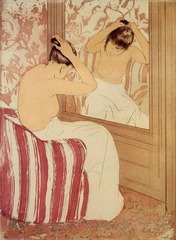 The Coiffure Mary Cassatt. 1890-1891 C.E, Drypoint and aquatint The straight lines of the mirror and wall and the chair's vertical stripes contrast with the graceful curves of the woman's body. The rose and peach color scheme enhances her sinuous beauty by highlighting her delicate skin tone. Cassatt also emphasizes the nape of the woman's neck, perhaps in reference to a traditional Japanese sign of beauty.
