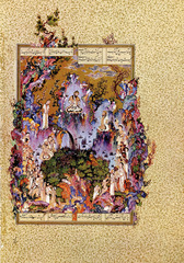 The Court of Gayumars, folio from Shah Tahmasp's Shahnama Sultan Muhammad. c. 1522-1525 C.E. Ink, opaque watercolor, and gold on paper His painting combines an ingenious composition with a broad palette dominated by cool colors, each element minutely and precisely rendered in a technique that defies comprehension. Though the painting is large and even spills out into the gold-flecked margins, Sultan Muhammad populates the scene with countless figures, animals, and details of landscape, but in such a way that does not compromise legibility. The level of detail is so intense that the viewer is scarcely able to absorb everything, no matter how closely he looks