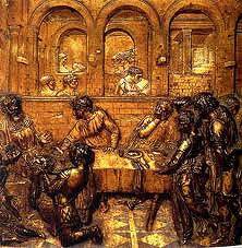 The Feast of Herod by Donatello, 15th Cen. Italian Ren
- characterization to varying groups of people - single and in groups 
- character dancing as head of john the baptist is presented to king, everyone shrinks back 
- split yet balanced groups, open to distance, arched courtyards and balance - floor also contributes to perspective - division into fore, middle, and backgrounds, back wall is point of horizon, 1pt perspective 
- different levels of relief also contribute