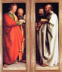 The Four Apostles (1523-26) -Albrecht Durer
-Oil on wood panel 
-Martin Luther's translation of bible under foot
-Different temperments are shown in expression and shade
-Angularities of drapery
-Protestant reformation halted the completion of the middle panel