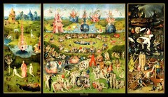 The Garden of Earthly Delights
Artist: Hieronymus Bosch

Themes:
-Religion: Paradise w/ Adam and Eve; Hell on Earth
-Paradise: fruit and animals represent lusciousness; colors are whimsical and childlike; four fantastical structures in back; 
-Fertility: orgy; sex portrayed as innocent and fun; egg; mollusk; Adam & Eve in left panel; NO CHILDREN (prior to childbirth pain and predators everywhere)
-Hell: animals dominate Man; 7 deadly sins; musical instruments are torture devices; hell is on Earth
-Utopia: an ideal world; all things that should be happening in the world; Bosch masks social ideas in allegory; beginning of imagination/creativity