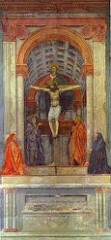 The Holy Trinity by Masaccio, 15th Cen. Italian Ren
 - awkwar barrow space a top of chapel 
- light contribues 
- adam's feet: escence of humabs on earth 
- eve screaming of this 
- psychology - creates emotion and mocement 
- simple conposition
- realsim based on observation
 applied maths, science of perspective 
- 2 levels unequal height
- virgiin mary and st john - barel-vaulted chapel
- medalions also reduced 
- holy spirit as dove, trinity 
- donors near outside, edge of pedastle, very essential 
- masonry - marble base, floor progectn - center of eyes bekiwhrist's feet