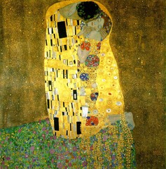 The Kiss Gustav Klimt. 1907-1908 C.E. Oil and gold leaf on canvas This one employs intense ornament on the embracing couple's gilded clothing, so thoroughly intertwined that the two bodies seem to be one