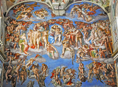 The Last Judgement (Sistine Chapel) by Michelangelo, High Ren 
- just behind raphael's wall, 
- fresco on altar wall 
- finished in 1512, violent time w/tyrannical state and church, people invaded, glorious time of renaissance more pessimistic, fanatical, etc 
- fate of humanity, fate of own soul
- world has gone mad, commissioned by pope paul III
- Christ as harsh judge over all, positioned to strike down souls
- bright colors
- right: souls being thrown into hell, angels tumpetiting in background, evil demons
- flayed skin = self-portrait 
- grotesque hugeness, representative of what michelangelo feels religion is doing, his own soul
- darth vader?