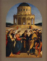 The Marriage of the Virgin by Raphel, High Ren
- Gold legend book of saints, 13 stories
- Joseph and other suitors trying to get hand of Mary, high priest would give her to whichever man had the best blooming rod
- foreshortening technique w/man breaking rod over knee
- virgins behind Mary, dejected men got other women
- central plan temple in background, like il tempietto by bramante :o, but more rounded - brunelleschi-style arcades
- raphael creates orthagonels w/ground
- more unification and focus 
- women idealized and blah