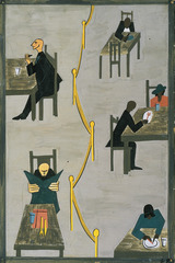 The Migration of the Negro, Panel no. 49 Jacob Lawrence. 1940-1941 C.E. Casein tempera on hardboard Broad in scope and dramatic in exposition, this depiction of African-Americans moving North to find jobs, better housing, and freedom from oppression was a subject he associated with his parents, who had themselves migrated from South Carolina to Virginia, and finally, to New York.