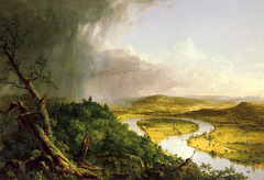 The Oxbow Thomas Cole. 1836 C.E. Oil on canvas The artist juxtaposes untamed wilderness and pastoral settlement to emphasize the possibilities of the national landscape, pointing to the future prospect of the American nation. Cole's unmistakable construction and composition of the scene, charged with moral significance, is reinforced by his depiction of himself in the middle distance, perched on a foreland painting the Oxbow.