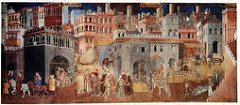 The Peaceful City by Ambrogio Lorenzetti, Proto-Renaissance
- clustered buildings within city walls, creates sense of business, people working, festives, radiant maidens, celebratory 
- outer - effects of good government on people
