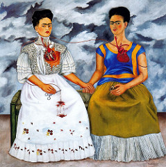 The Two Fridas Frida Kahlo. 1939 C.E. Oil on canvas She typically painted self-portraits using vibrant colours in a style that was influenced by cultures of Mexico as well as influences from European Surrealism. Her self-portraits were often an expression of her life and her pain.