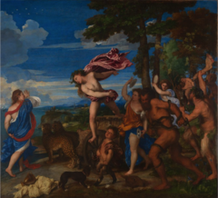 Titian. Italian. Bacchus & Ariadne, 1522-23, High Renaissance. Oil on Canvas -classical subject, Bachhus rescuing Ariadne, Bacchus the God of wine with his entourage of drinkers -commisioned for a duke for his house -The patron had requested one bacchanalian scene each from Titian, Bellini, Raphael, and Fra Bartolommeo. -Titian produced three Bacchus, accompanied by a boisterous and noisy group, arrives in a leopard drawn chariot to save Ariadne, whom Thesus abandoned on the island of Naxos -Titian reveals his debt to classical art, Titian's rich and luminous colors add sensuous appeal to this painting, making it perfect for the duke's pleasure chamber -based on figures and statues of antiquity -lots of noise, - important change occuring in Titian's time was the almost universal adoption of canvas, with its rough-textured surface, in place of wood panels for painting -established oil on canvas as the typical medium of the Western pictorial tradition