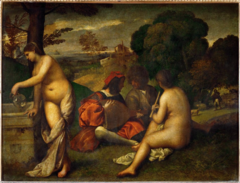 Titian. Italian. The Concert, 1508—1511, High Renaissance. -exemplifies poetic and arcadian influence of Bellini, both their teachers -Out of the dense shadow emerge the soft forms of figures and landscapes -mood of tranquil reverie and dreaminess over the entire scene, evoking the enigmatic in lighting -two nude women, accompanied by two clothed men, occur the rich abundant landscape -the Shepherd symbolize his poetry -twp women men are invisible inspiration for the two men, the voluptuous bodies of the women, modulated by the smoky style, is the standard in Venetian art -poetic personification of nature's abundance -early work of Giorgione's student Titian; -a little bit of archietcure in the background -but primarily about the beautiful nude figures in the foreground -arcadian references, this is the land of perfection, ease and beauty when poetry and music are the paramount concerns, does a large number of classical subjects -this is referred to as the concert