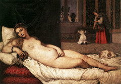 Titian. Italian. The Venus of Urbino, 1536—38, High Renaissance. -Had worked with Girogonne and Bellini -Titian dominated the art of the city following their deaths -poetic pastural representations of musicians and nymphs -Venus figure, could be a disguised portrait -nude female figure reclining, pushed up front by the curtain behind her, distinct silhouette -the room behind her gives a different flavor -don't necessarily -dog (fidelity and love) could be disguised portrait -after this picture, there are two dozen representations of Venus
