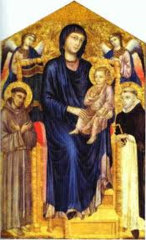 Title/Name: Virgin and Child Enthroned, Most likely painted for high altar of the Church Santa Trinita
Artist: Cimabue
Date: c. 1280
Location: Florence, Italy
Significance: First to move towards more natural appearance.