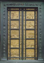 Title/Name:Gates of Paradise, East Doors, Baptistry of San Giovanni
Artist: Lorenzo Ghiberti
Date: 1425 - 1452
Location: Florence, Italy
Significance: Depicts 10 episodes of the Old testament. Abandoned the quatrefoil frames of Pisano's, Michelangelo himself said they could be the Gates to Paradise.