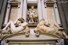 Tomb of Giuliano de'Medici by Michaelangelo, High Ren
- 1519-34, marble
- twin to brother Juiliano's tomb
- very philosophical
- would've been pair of river gods underneath to create stability
- ascent of person's soul through levels of neoplatonic universe 
- underworld = brute matter, source of evil 
- 2 statues on sarcophagus = plane and movement of time, humanity's state in existence is one of pain, anxiety, frustration, exhaustion
- left: female night, right: male day - never relaxed, very much in tension, reminiscent of bound slaves - tense contrapposto
- day: thickness of tree, anatomy of hercules, straining huge limbs, over shoulder = unfinished face, trapped in world of time
- night: supposed time of rest, instead twisting as if trouble sleeping, wrenched position, surrounded by owl, poppy flowers, hideous mask - nighmares
- medici sits over troubles of time - ideal human type of active man, done work, now promoted in death
- lorenzo = active thinker, guiliano = active military man 
- ideals based on christ
- double plaster, typanums, volutes, garlens above typical roman