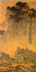 Travelers among Mountains and Streams Fan Kuan. c. 1000 C.E. Ink and colors on silk Fan Kuan's masterpiece is an outstanding example of Chinese landscape painting. Long before Western artists considered landscape anything more than a setting for figures, Chinese painters had elevated landscape as a subject in its own right. Bounded by mountain ranges and bisected by two great rivers—the Yellow and the Yangzi—China's natural landscape has played an important role in the shaping of the Chinese mind and character. From very early times, the Chinese viewed mountains as sacred and imagined them as the abode of immortals. The term for landscape painting in Chinese is translated as 
