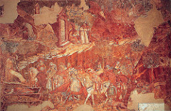Triumph of Death by Triani, Proto-Ren 
- fresco 
- 18 ft high, 49 ft wide 
- new theme appearing after corrosive black death
- wealthy men and ladies riding up to 3 coffins: 3 decomposed states of death, terrible stench, still try to observe and help what has happened
- all walks of life attacked by death, social statement that death is universal
- portrayed hermit, but even isolated cannot escape from death