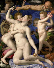 Venus, Cupid, Folly, and Time (The Exposure of Luxury), c. 1546
-Bronzino
-oil on wood Bronzino (Agnolo di Cosimo)
-Cosimo I, Duke of Tuscany
-allegory of unchaste love and deceit
-enamel-like smoothness
-contoured figures impossibly posed