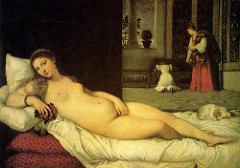 Venus of Urbino by Titian, Venetian
- wife picture for Duke of Urbino, mythos, classical and ren
- diagonal reclining nude - natural reclining female
- linear play - bed emphasizes form, softness w/silk sheets below, 
- dog = pendant, balances form
- composition - depth of space 
- drapery breaks up units, frames Ms Urbino 
- red in bed and in servants dress = counterbalance
- fruit = carnal pleasure