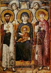 Virgin and child between Saints Theodore and George Early Byzantine Europe. Six or early seventh century C.E. Encastic on wood. The composition displays a spatial ambiguity that places the scene in a world that operates differently from our world. The ambiguity allows the scene to partake of the viewer's world but also separates the scene from the normal world.