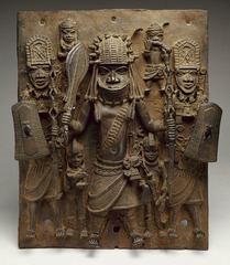 Wall plaque, from Oba's palace Edo peoples, Benin (Nigeria). 16th century C.E. Cast brass It was the first of three exceptional masterpieces from the Kingdom of Benin acquired under Goldwater's guidance that dramatically transformed the collection.