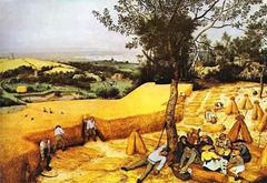 Wheat Harvest (August)
Artist: Pieter Bruegel

Themes
-Otium: joys of working land; perfect place, joys of being in natural world
-Class: division of labor class in front and newly merchant/rich class in back; satire of working class
