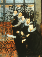 Younger men wearing the fashionable clothing of the day while the older men wear hats and coifs along with the more modern ruff. Older men have square-cut beards, the younger men pointed beards.